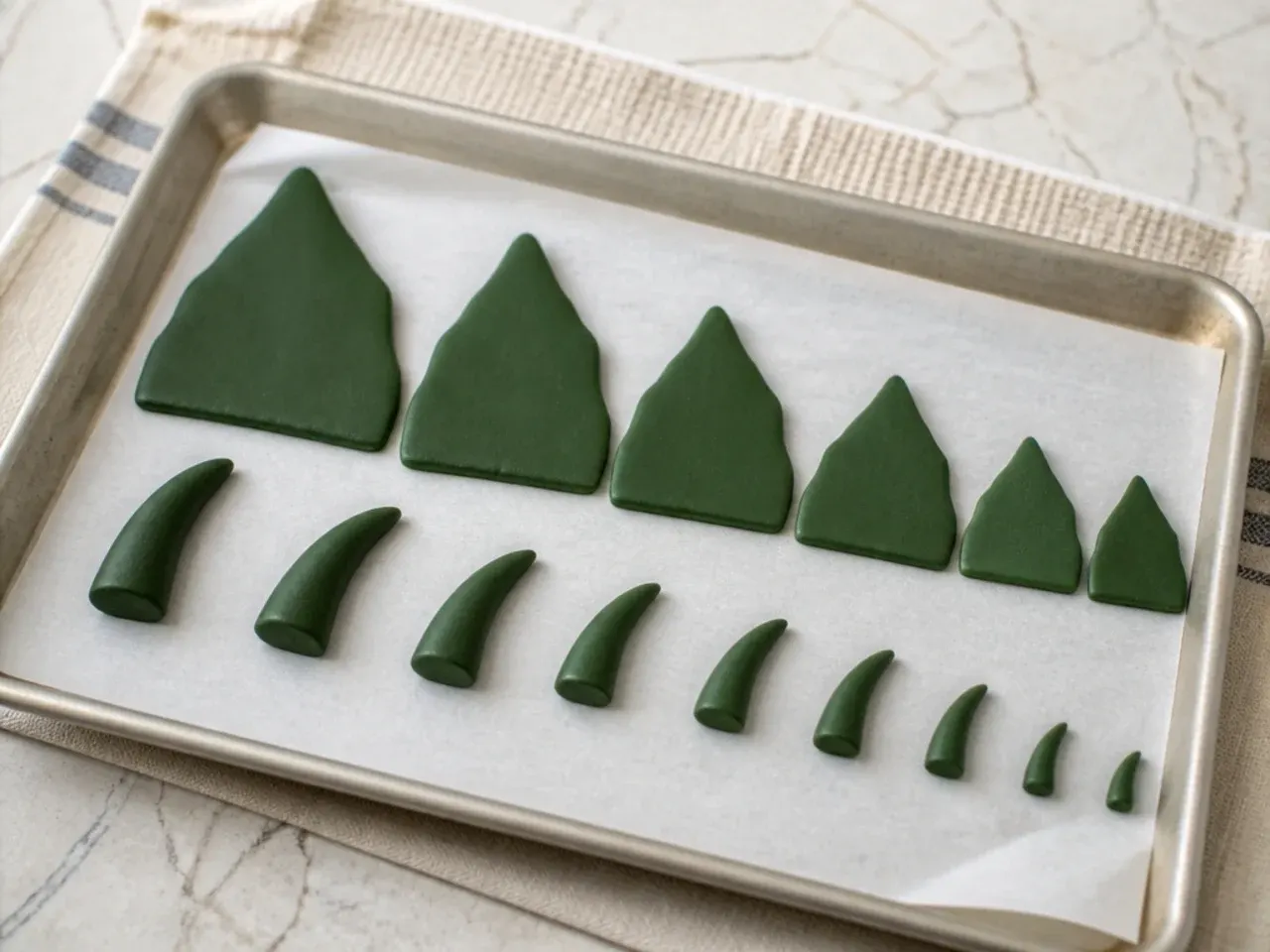 Graduated fondant back plates and spikes drying overnight for a homemade dinosaur cake