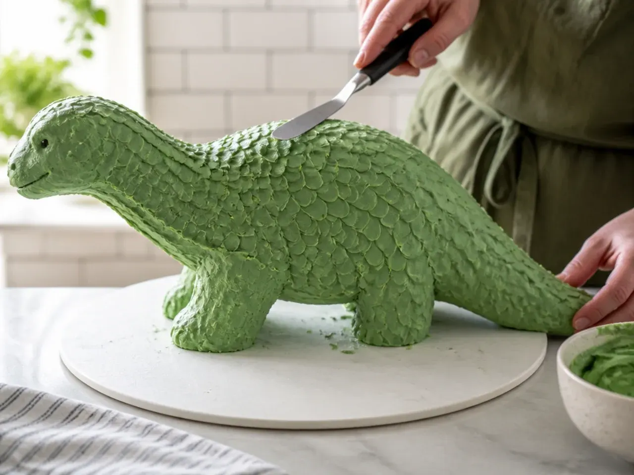 Green buttercream being textured with a palette knife into scaly skin on a homemade dinosaur cake