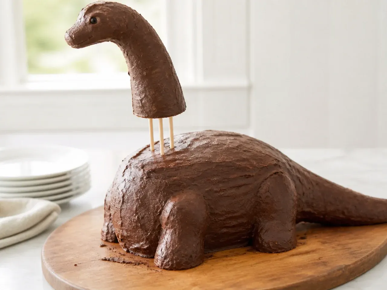 Dowels supporting the raised neck of a homemade dinosaur cake assembled on its serving board