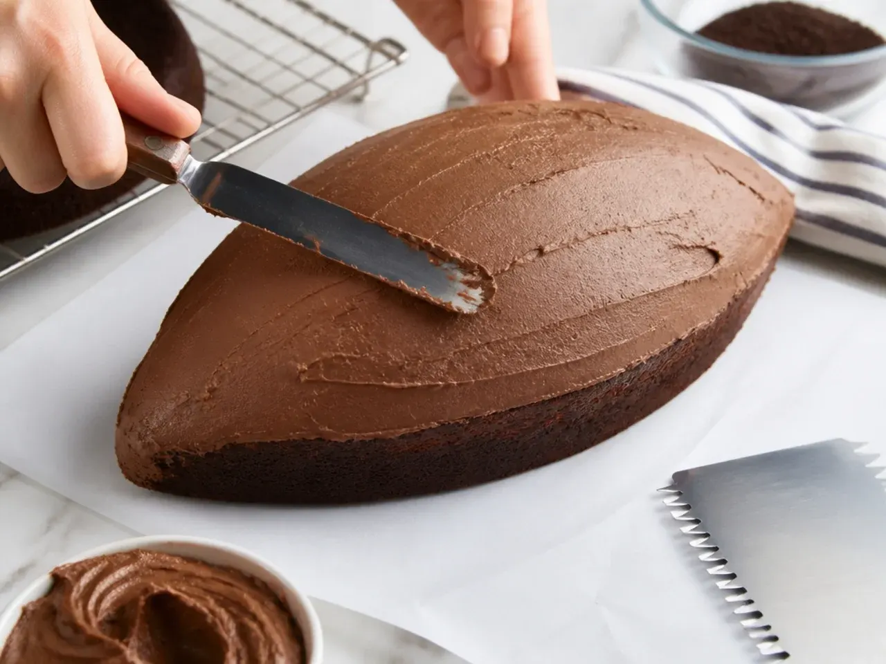 homemade football cake — step 6: frost and texture