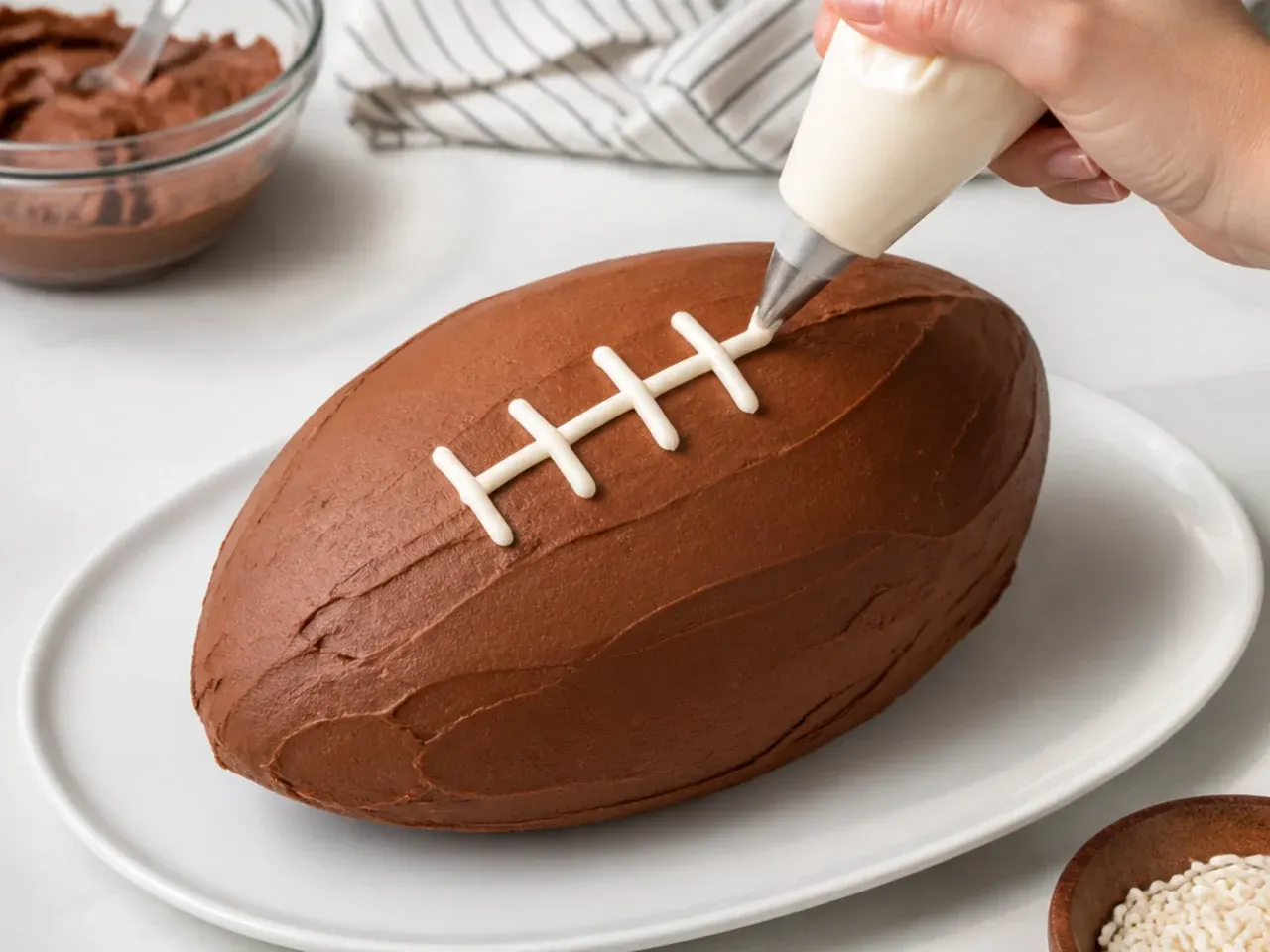 homemade football cake — step 7: pipe the laces