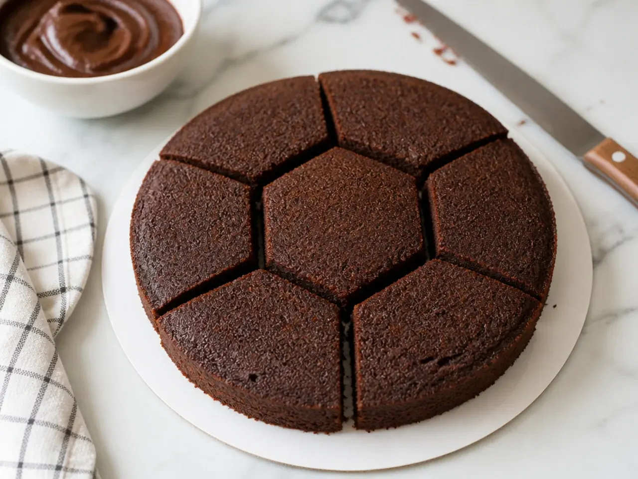 Round chocolate cake layers cut with the centre-strip trick to shape a homemade football cake