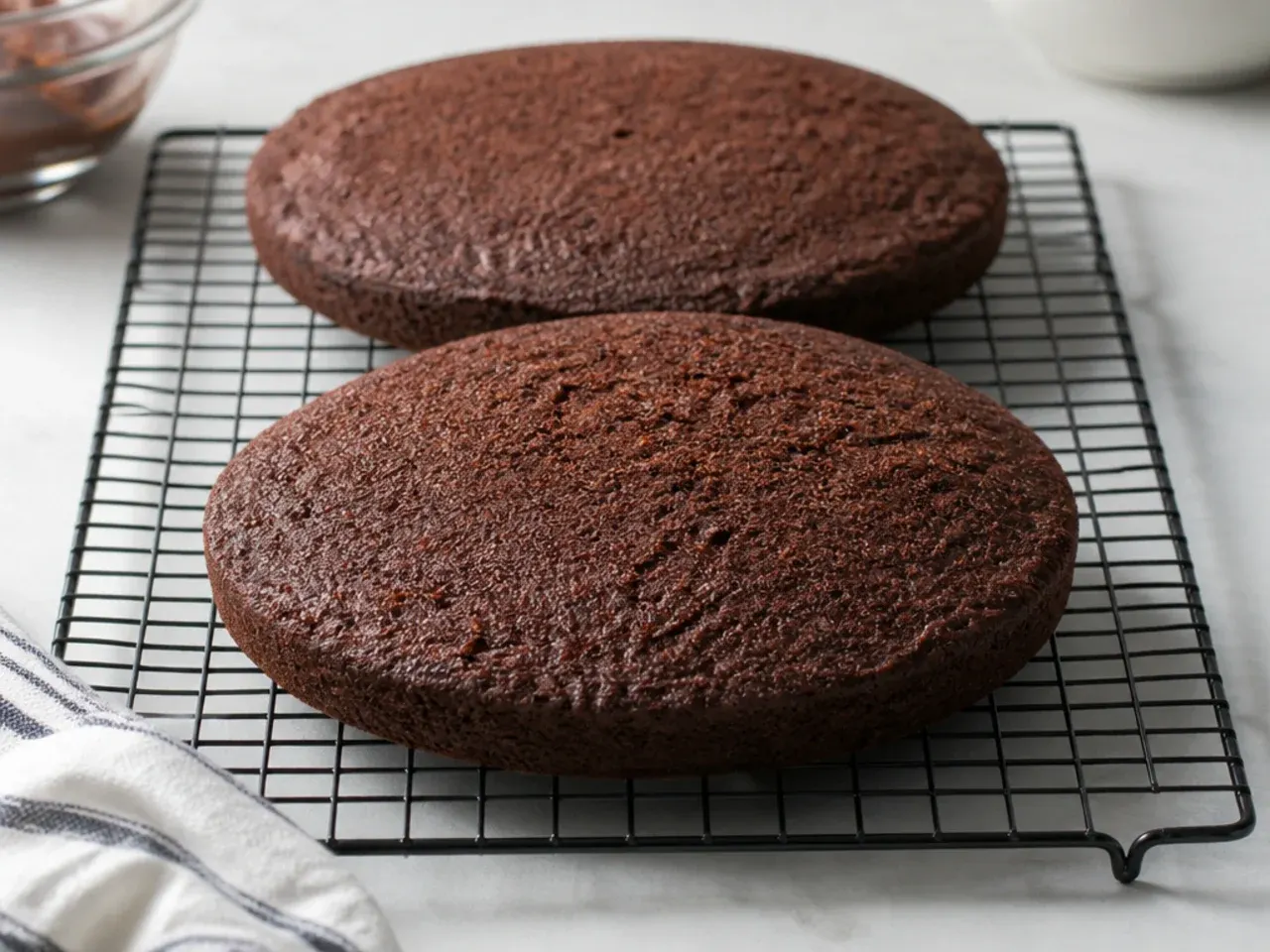 Chocolate cake layers cooling on a wire rack before frosting a homemade football cake