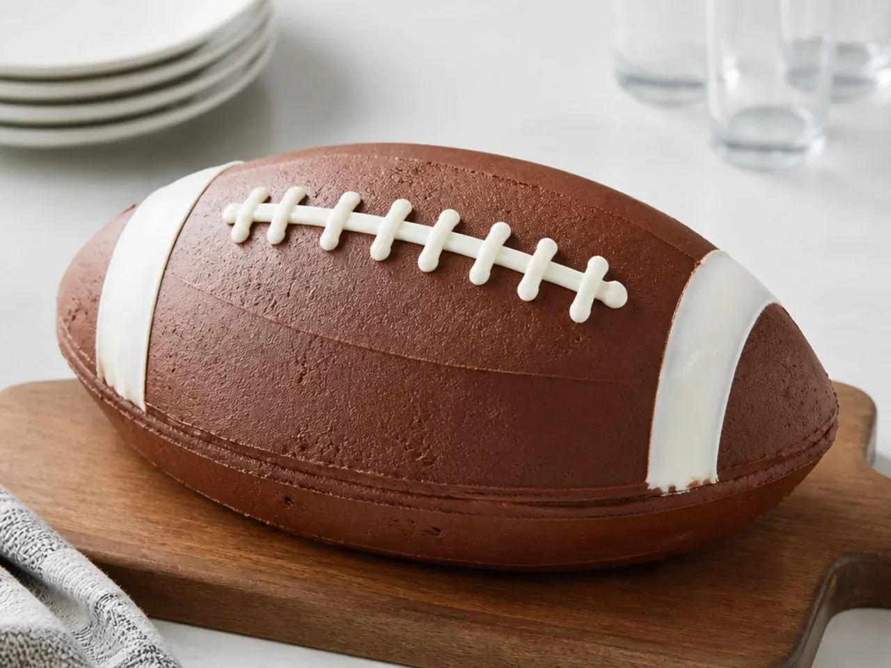 Football cake halves joined with chocolate buttercream on a serving board