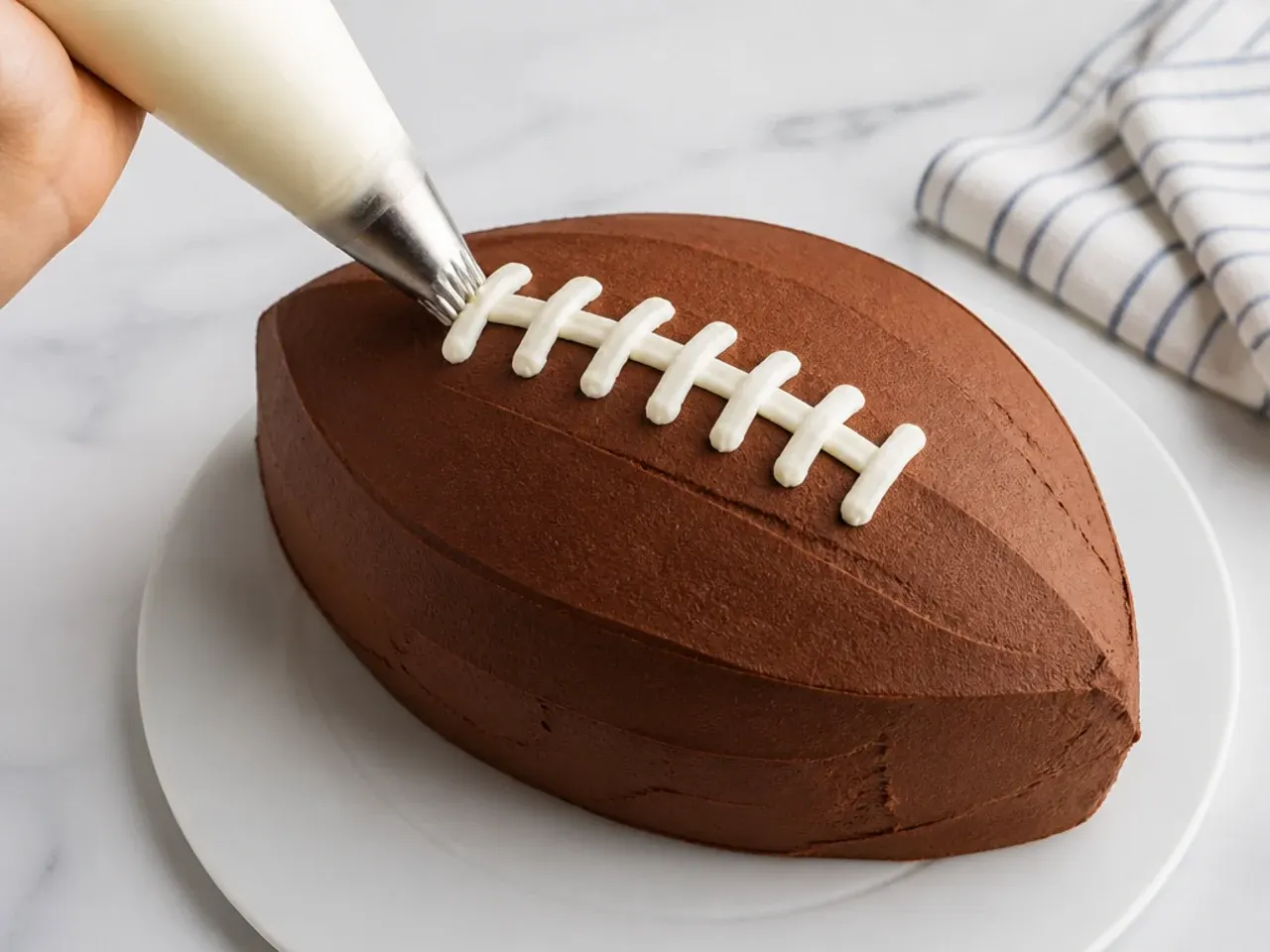 Piping white buttercream laces onto a homemade football cake with a flat ribbon tip