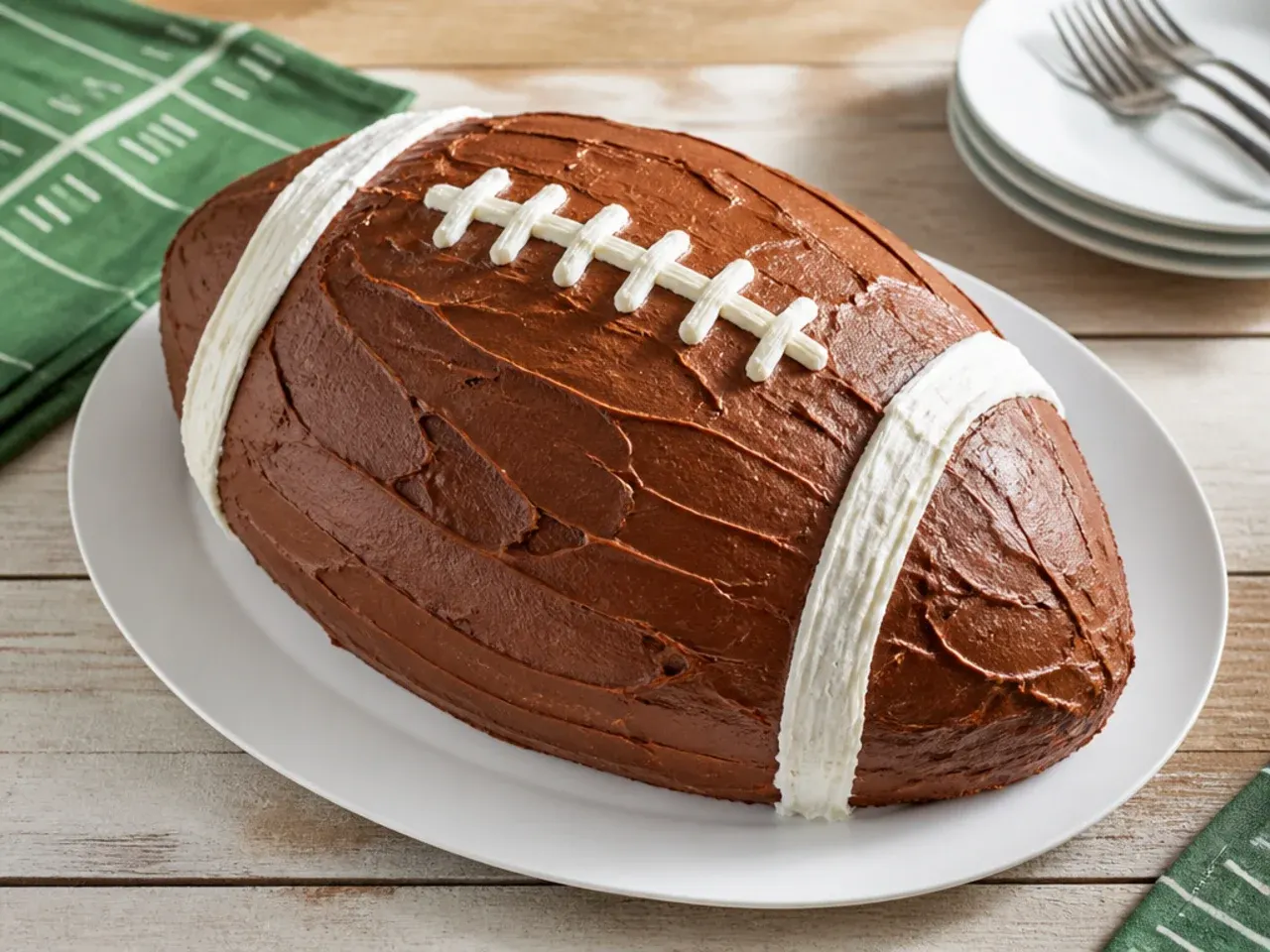 Textured russet-brown frosting giving a homemade football cake a leather-look finish