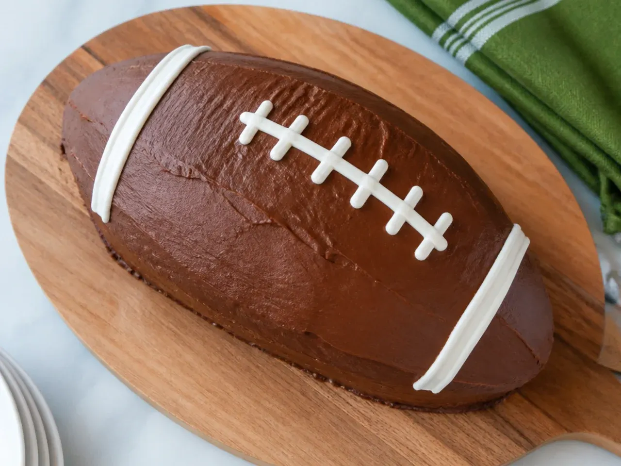 Finished homemade football cake with white piped laces on a wooden serving board