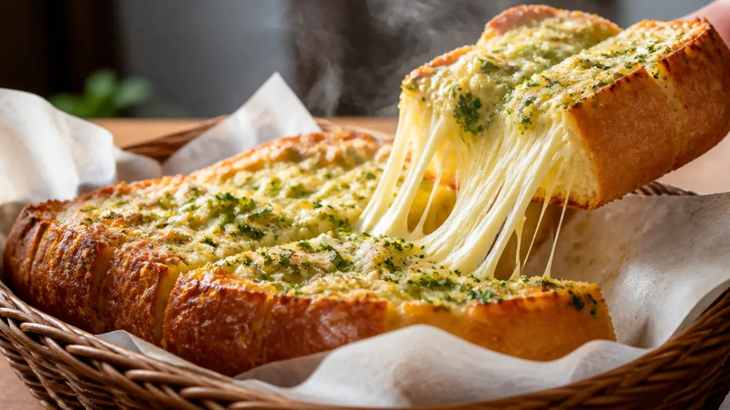 Sliced homemade garlic bread with golden, bubbling edges and melted butter pooling in the cuts, fresh parsley scattered on top