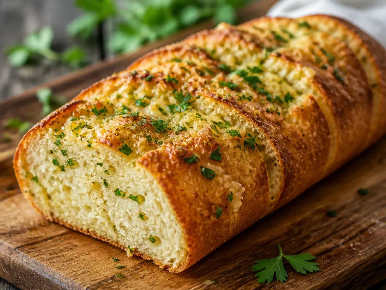 Overhead shot of ingredients for homemade garlic bread laid out: a loaf, softened butter, garlic cloves, parsley and parmesan