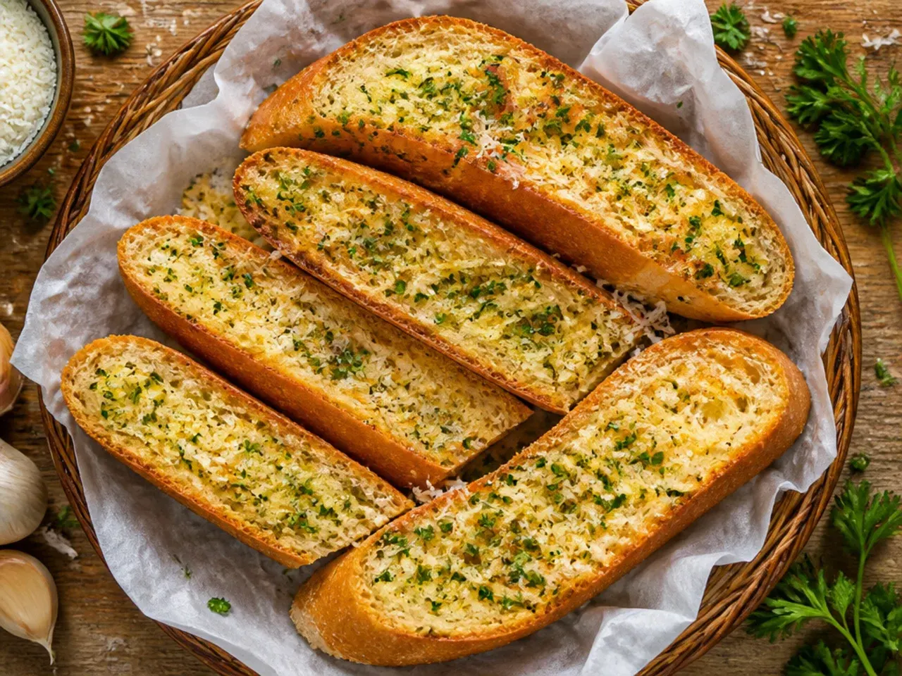 Golden baguette garlic bread sliced diagonally on a wooden board