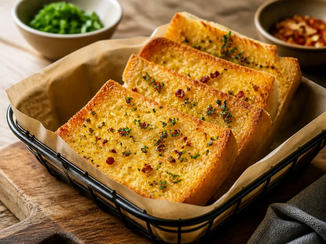 Simple garlic bread loaf being spread with garlic butter using a butter knife