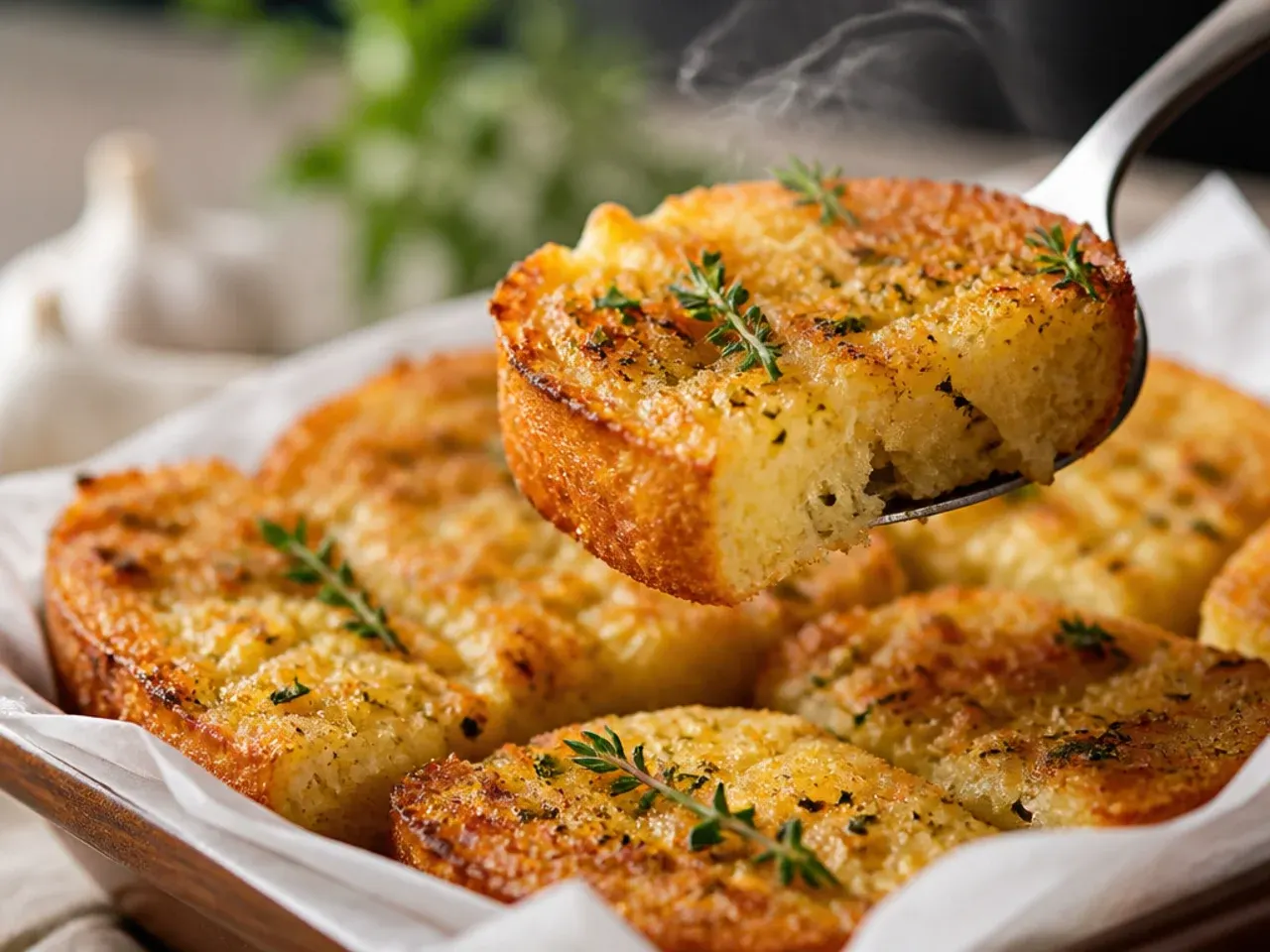 Garlic bread topped with a mix of fresh chopped herbs including basil and chives