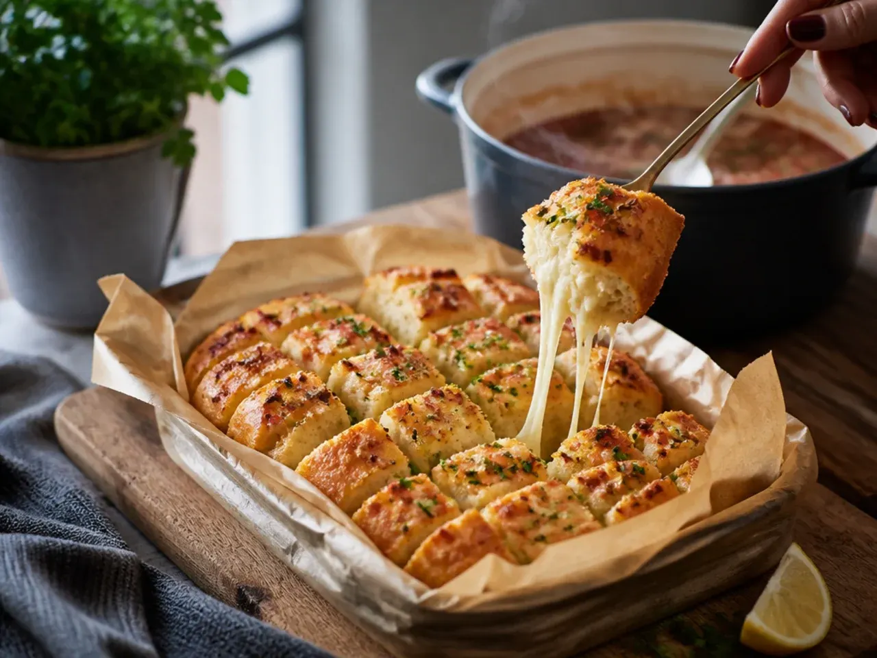 Pull-apart garlic bread loaf with melted cheese oozing from criss-cross cuts