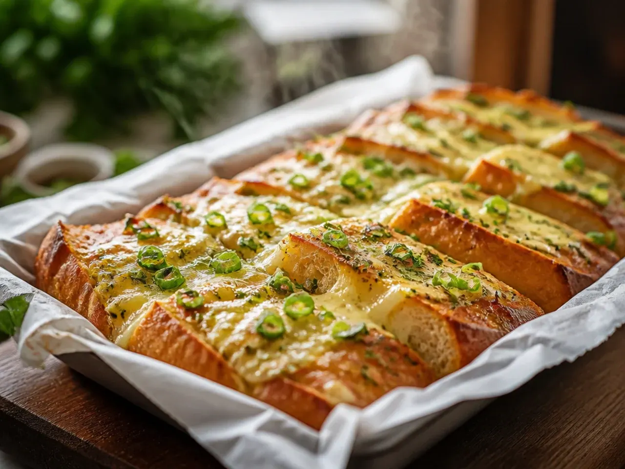 Close-up of creamy garlic bread with a thick, glossy spread melting into the crust