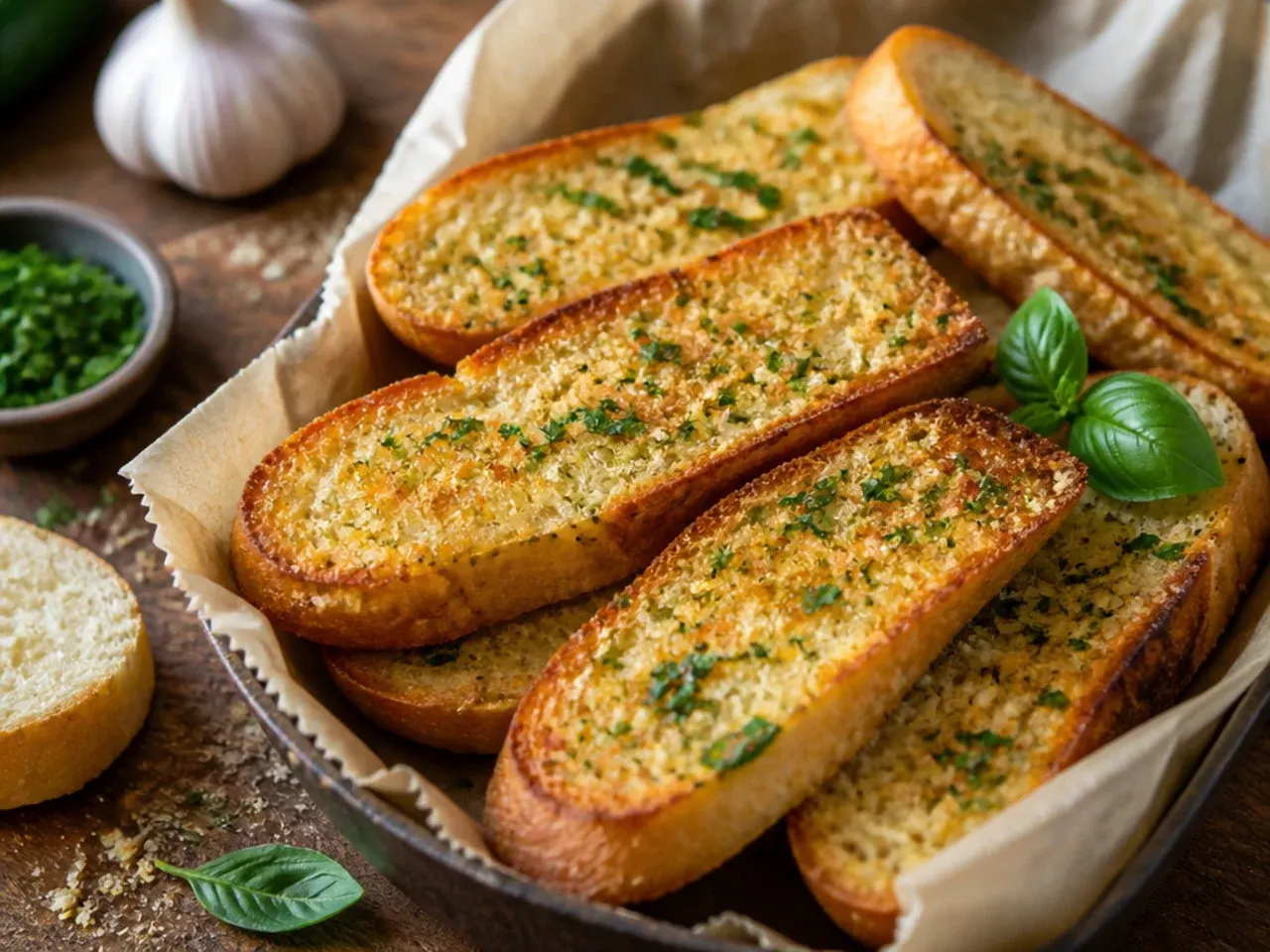 Individual slices of garlic toast browning under a grill