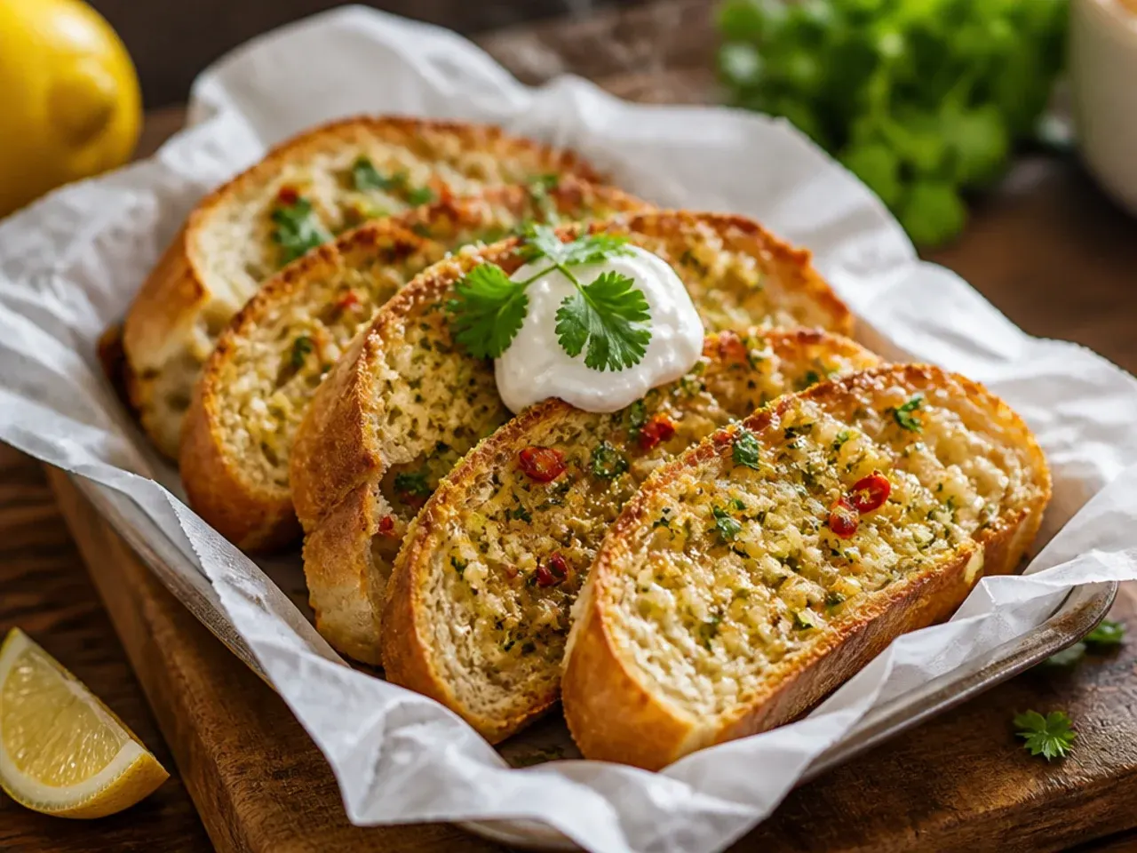 Garlic bread flecked with red chilli flakes and lemon zest on a serving board