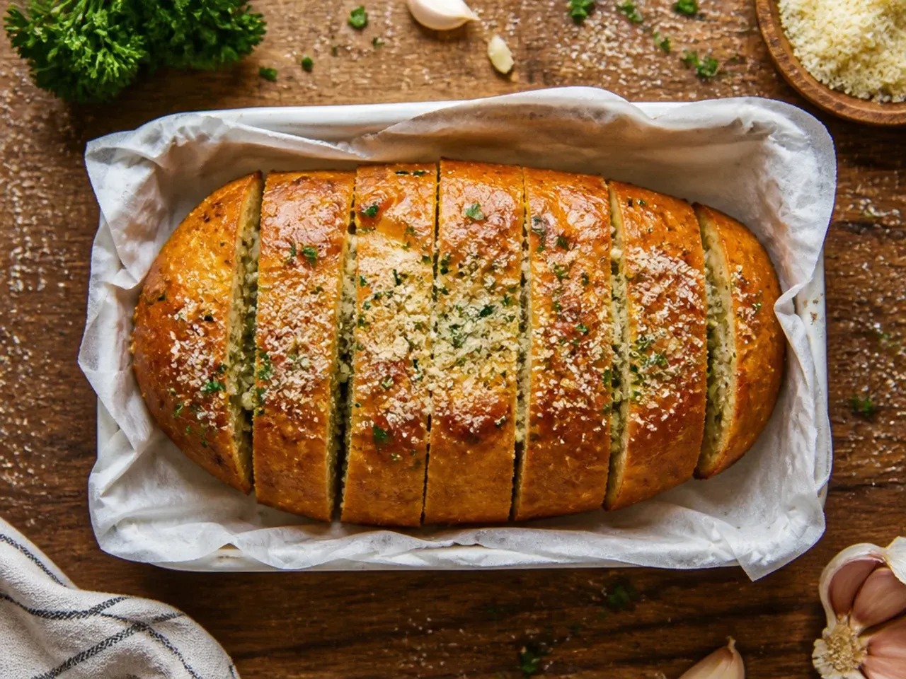 Budget-friendly sliced white loaf garlic bread on a simple plate