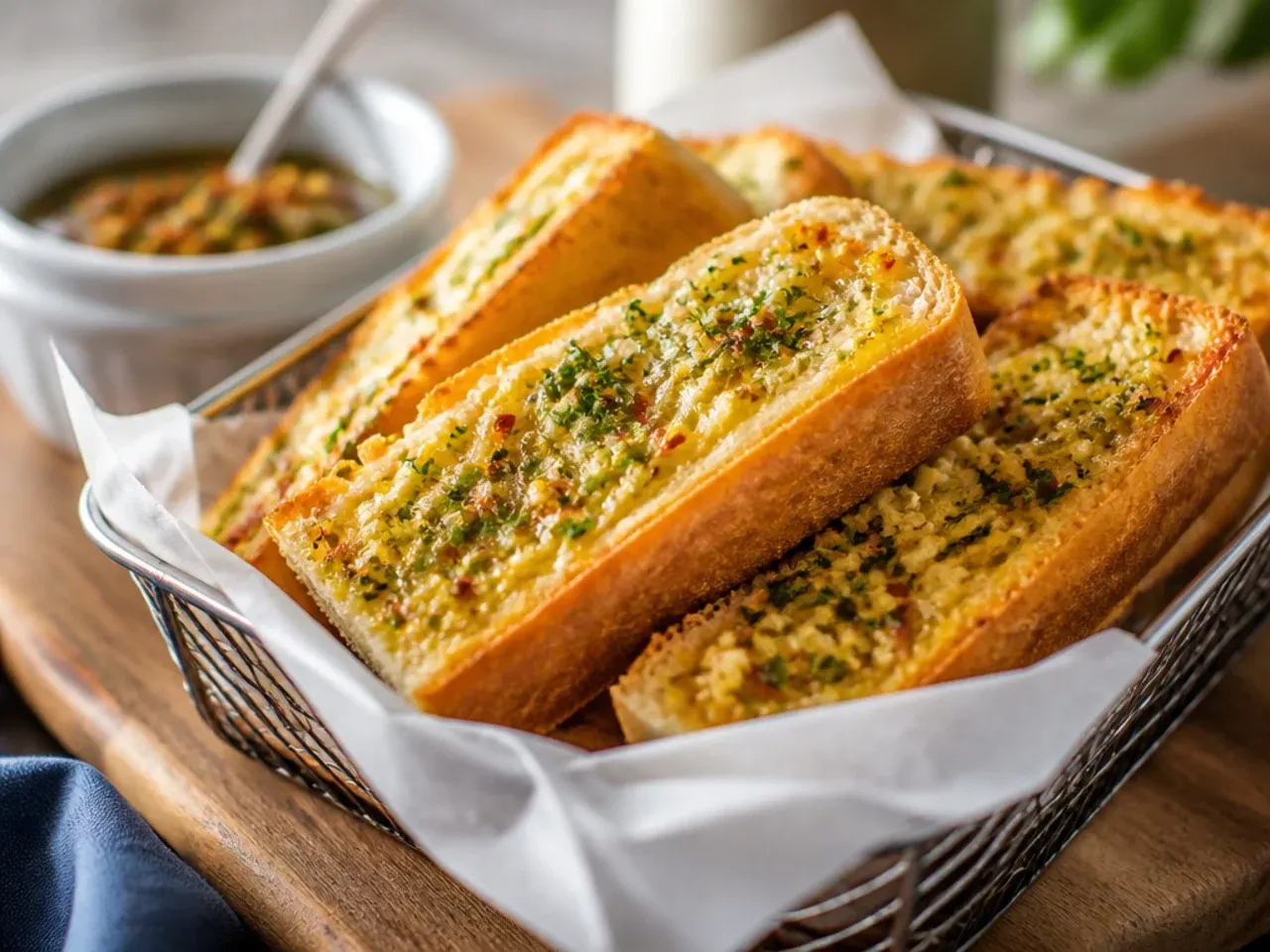 Garlic bread going into the oven on a weeknight, timer visible in the background