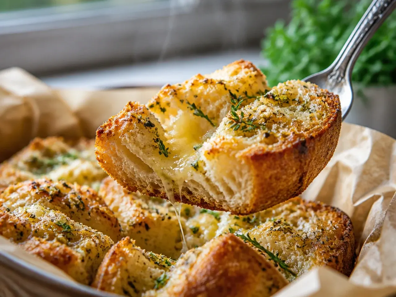 Rustic sourdough garlic bread with a thick, chewy crust and open crumb