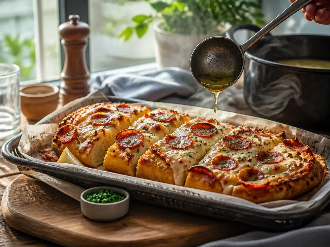 Loaded garlic bread topped with melted cheese, tomatoes and oregano like a pizza