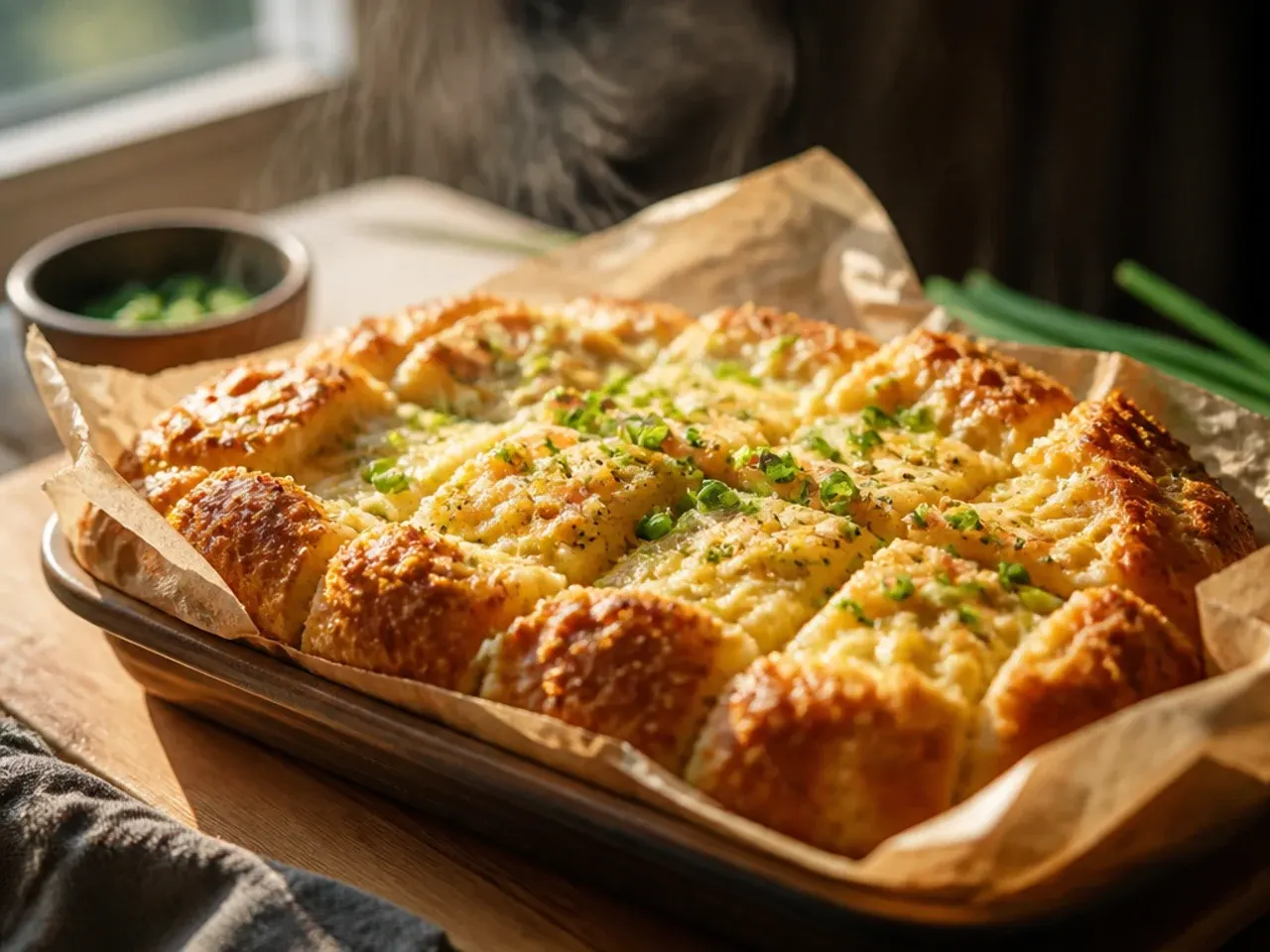 Large baking tray filled with multiple pieces of garlic bread ready for a family meal