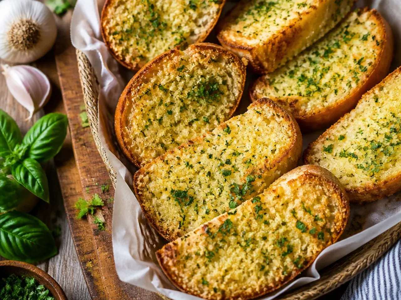 Roasted garlic bulb split open next to a bowl of golden garlic butter