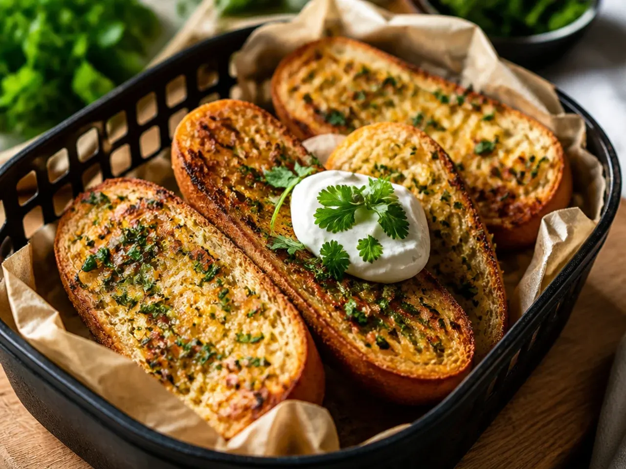 Slices of garlic bread arranged in an air fryer basket