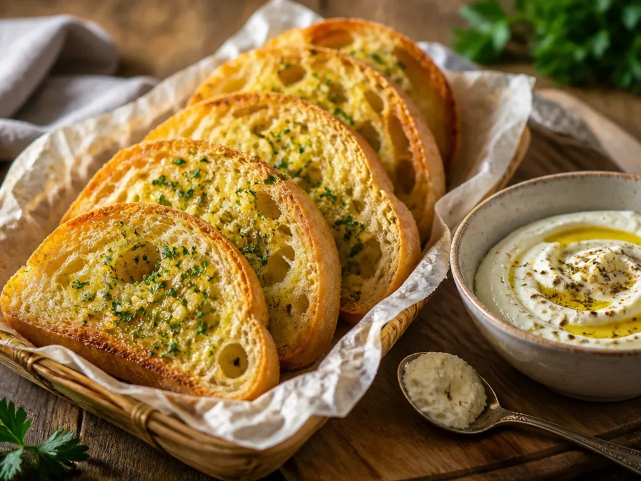 Ciabatta loaf split open and spread with garlic butter before baking