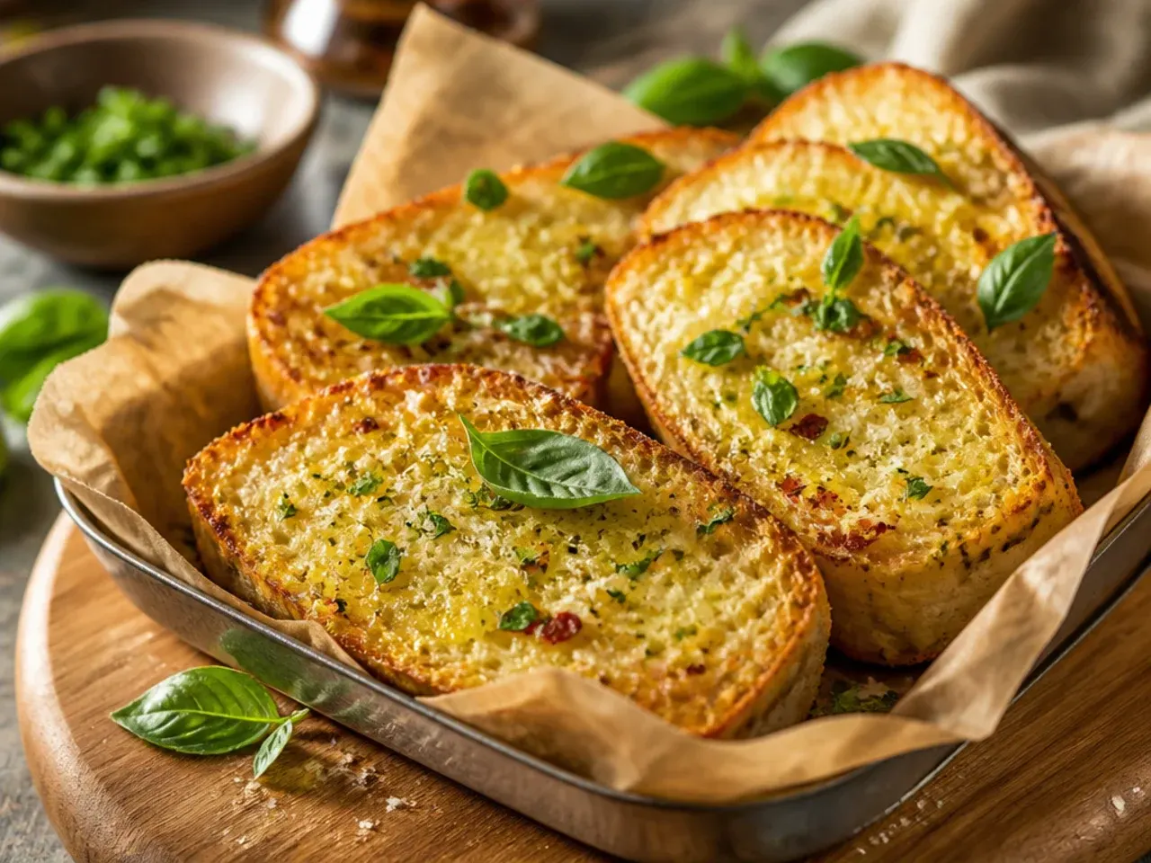 Garlic bread topped with grated parmesan and fresh basil leaves