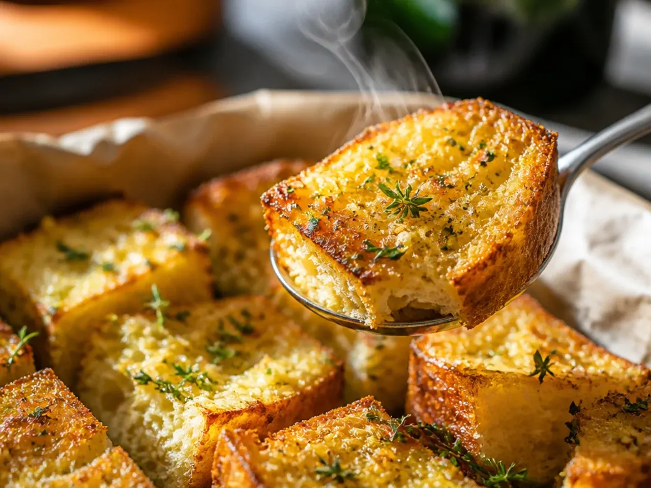 Small golden garlic bread cubes scattered on a baking tray