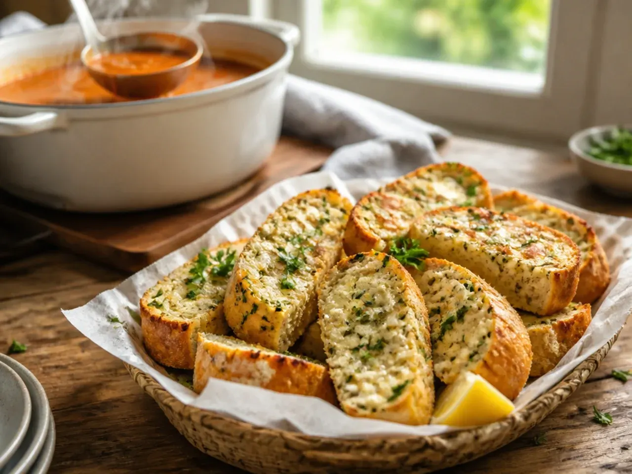 Garlic bread spread with creamy herbed Boursin cheese before baking