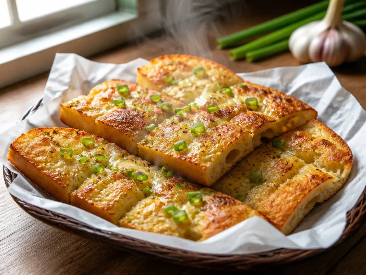 Thin garlic and olive oil flatbread with crisp, golden edges