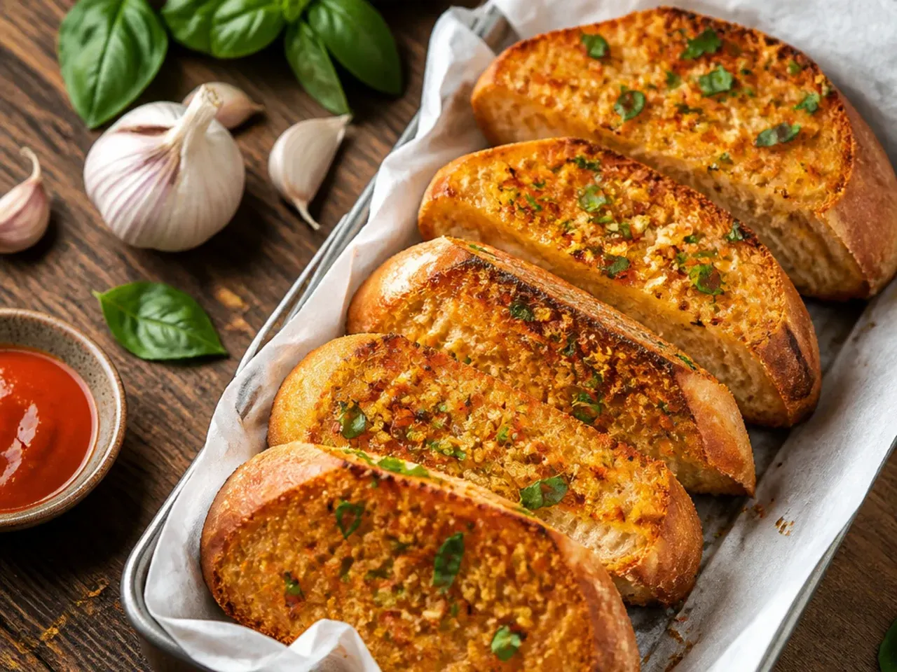 Garlic bread drizzled with sriracha sauce and lime wedges on the side