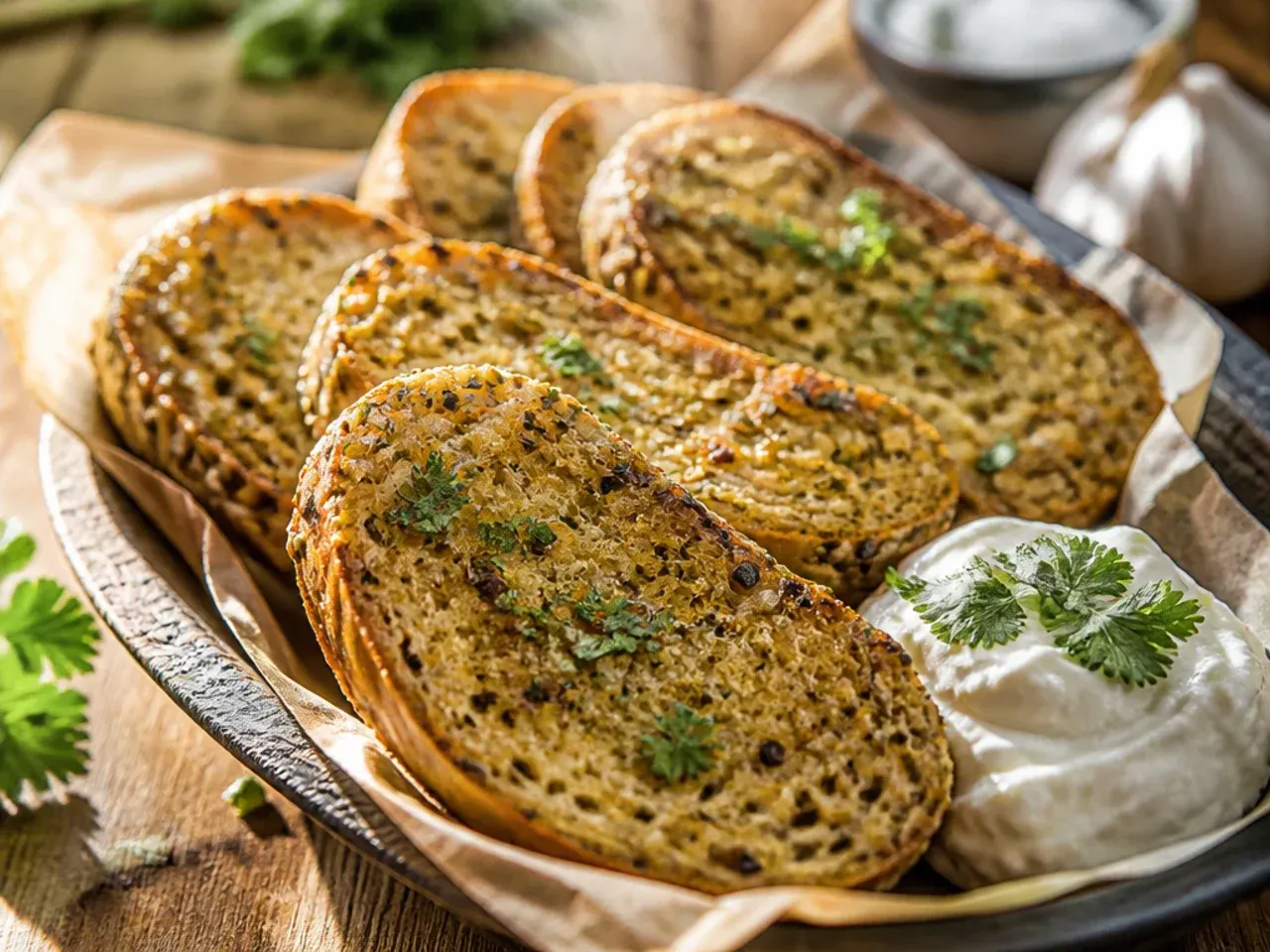 Seeded grain garlic bread showing visible seeds on a toasted crust