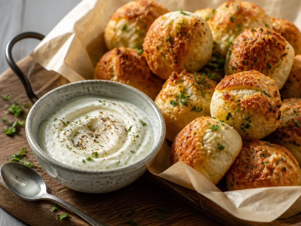 Small bread rolls split and spread with garlic butter on a tray