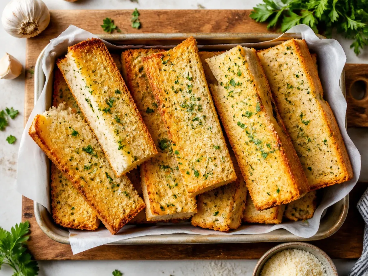 Foil-wrapped garlic bread loaf ready to go into the freezer