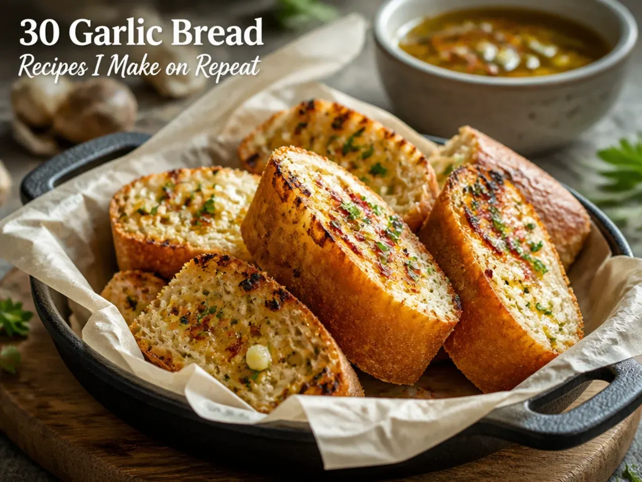 Thick garlic bread slices toasting in a cast-iron skillet