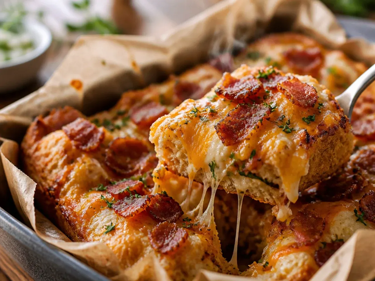 Garlic bread loaded with melted cheddar and crispy bacon bits