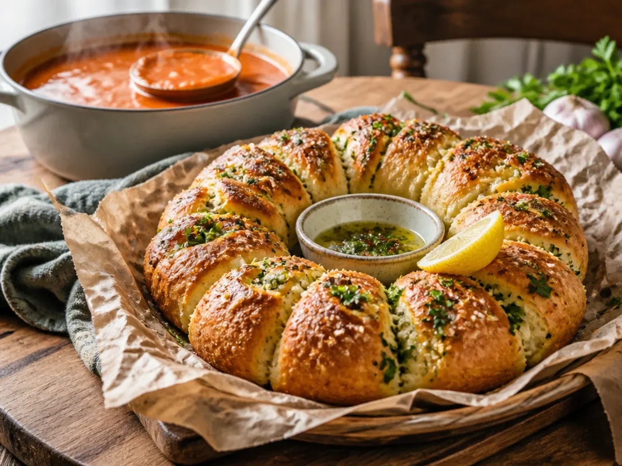 Garlic bread arranged in a circular wreath shape on a round tray