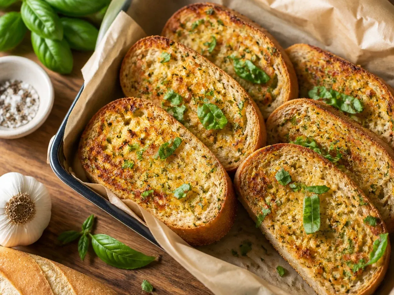 Garlic bread slices browning under a hot grill element