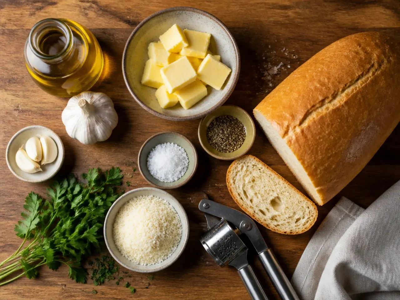 Hands mixing softened garlic butter with a fork in a small bowl