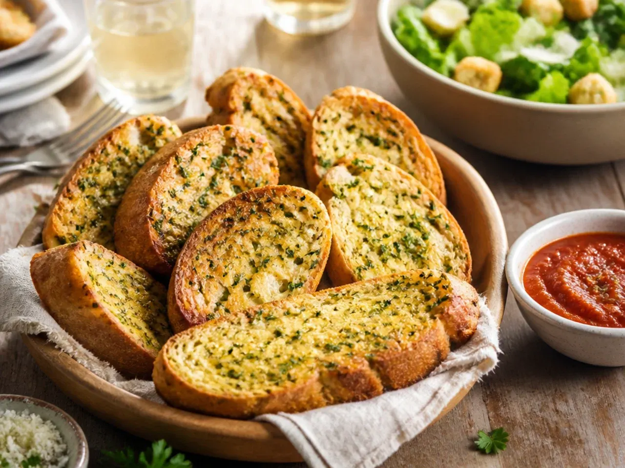Table spread with garlic bread, a bowl of pasta and a green salad