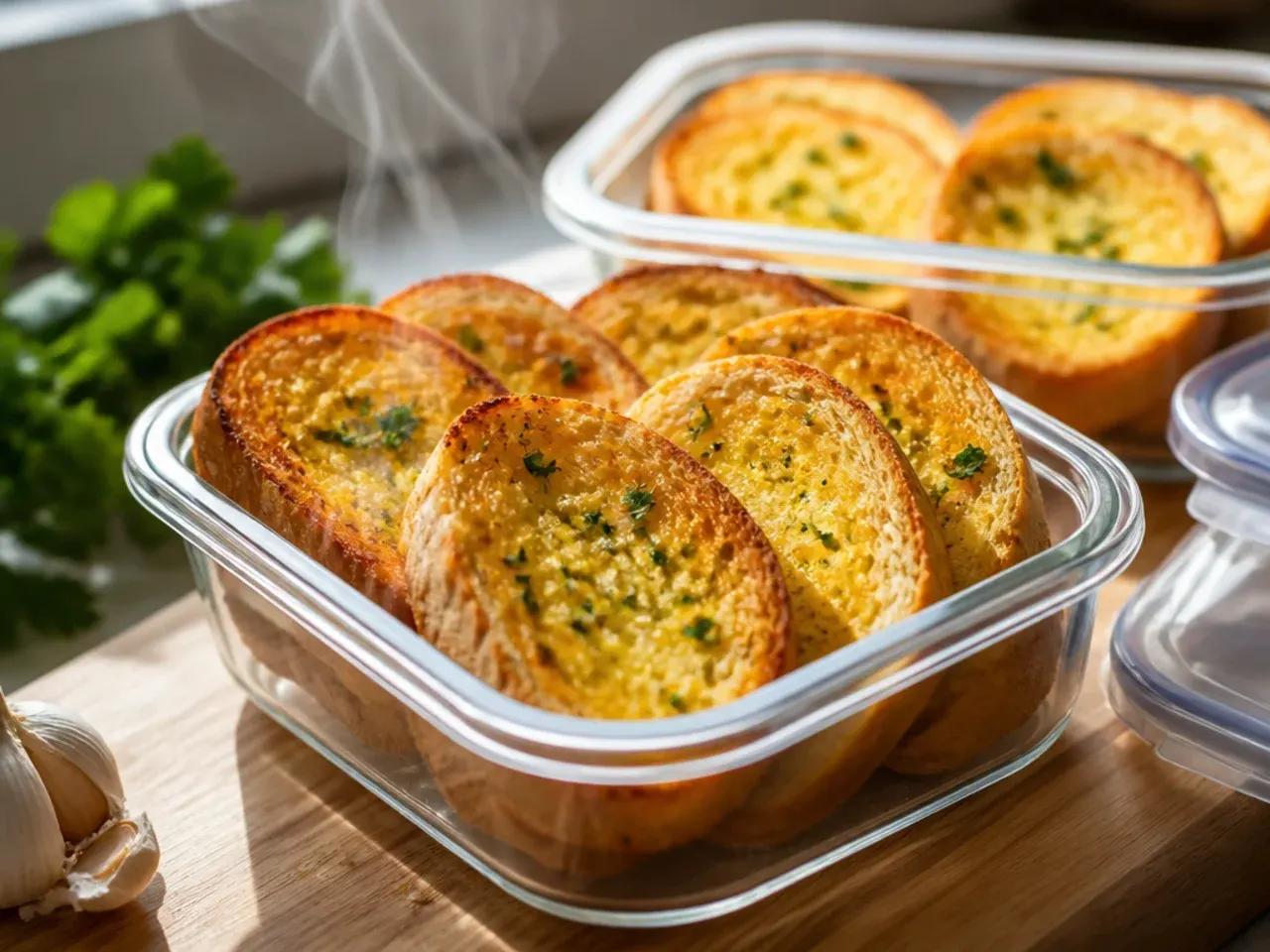 Foil-wrapped garlic bread slices next to a labelled freezer bag