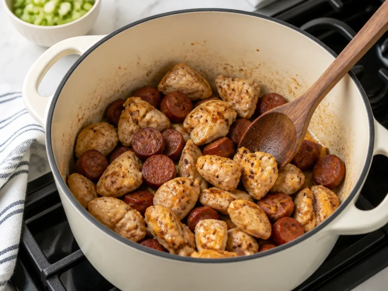 homemade gumbo — step 1: brown the sausage and chicken