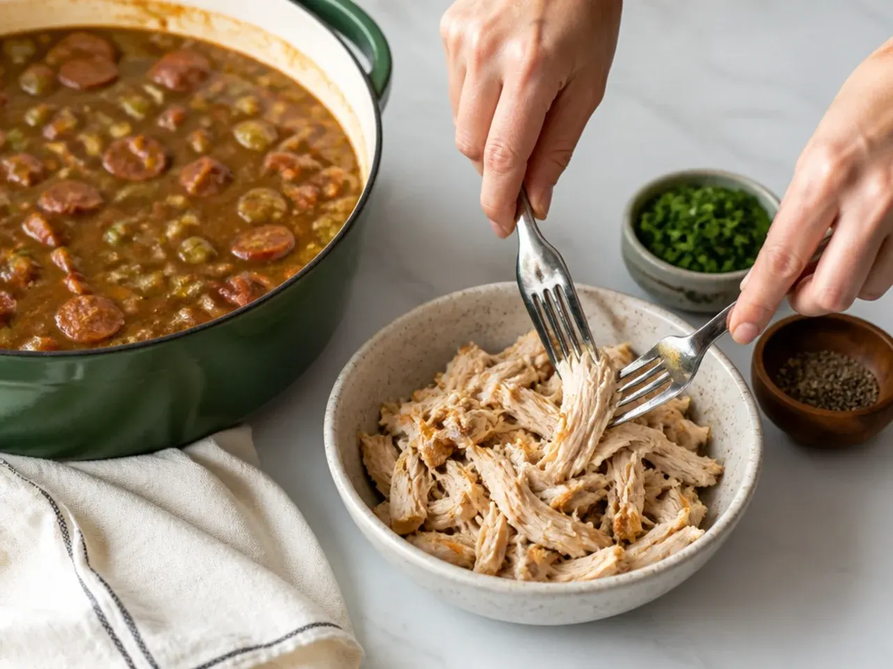 homemade gumbo — step 6: shred the chicken and adjust seasoning