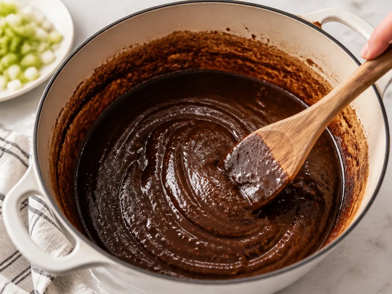 Dark chocolate-coloured roux for homemade gumbo being stirred in a Dutch oven