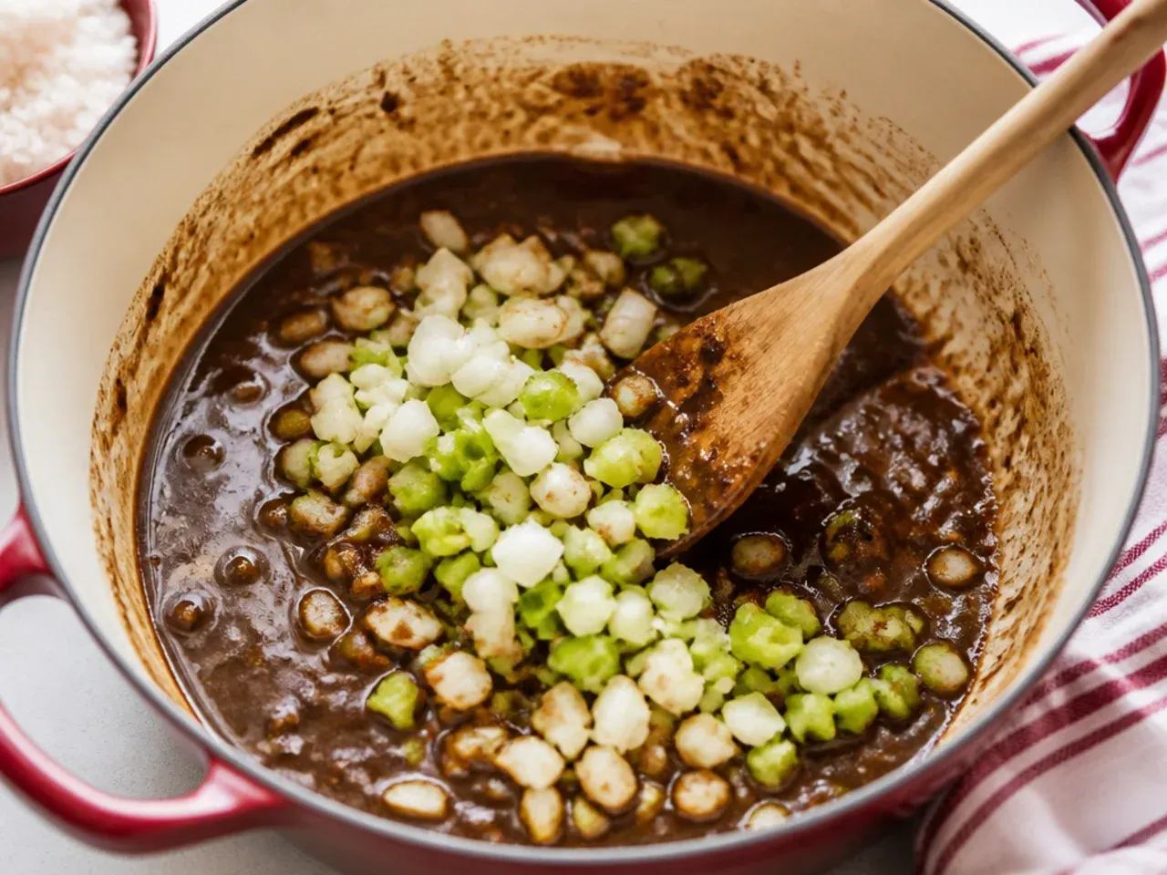 Onion, celery and green pepper stirred into dark roux for gumbo at home
