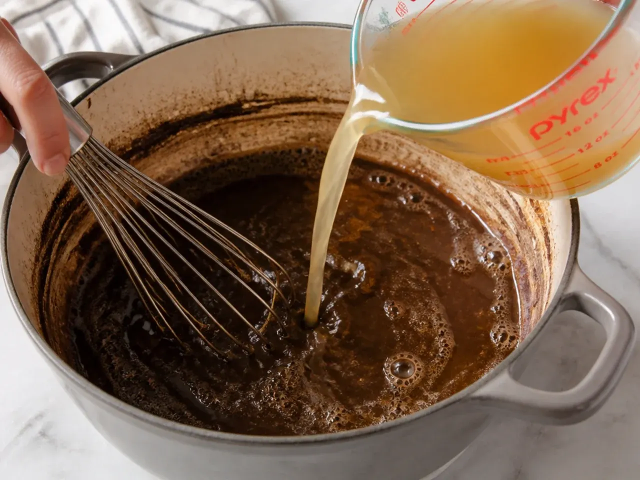 Warm chicken stock being whisked into dark roux for a homemade gumbo recipe