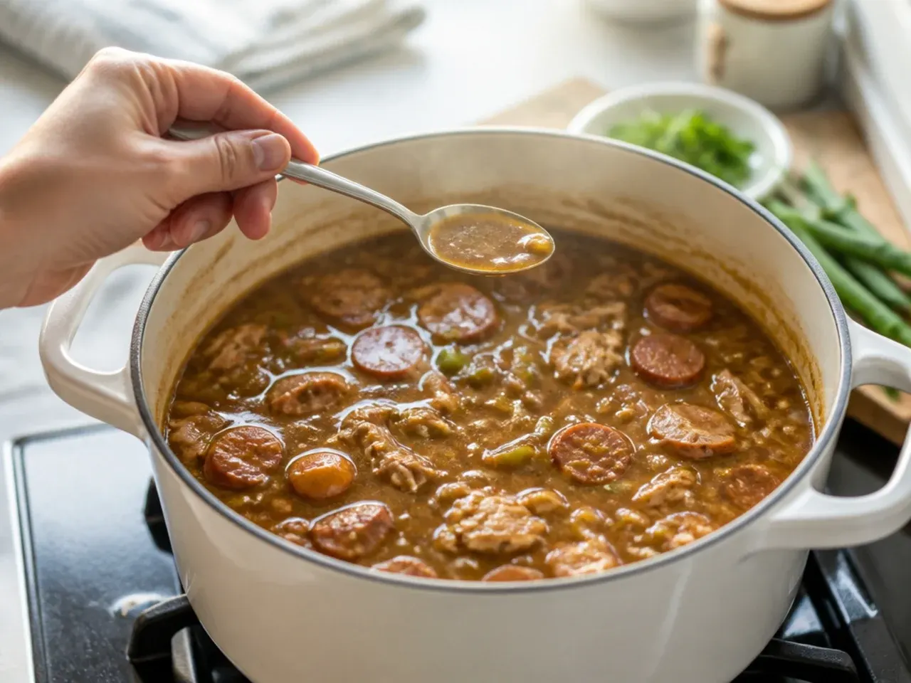 Tasting and seasoning a simmering pot of chicken and sausage gumbo on the stove