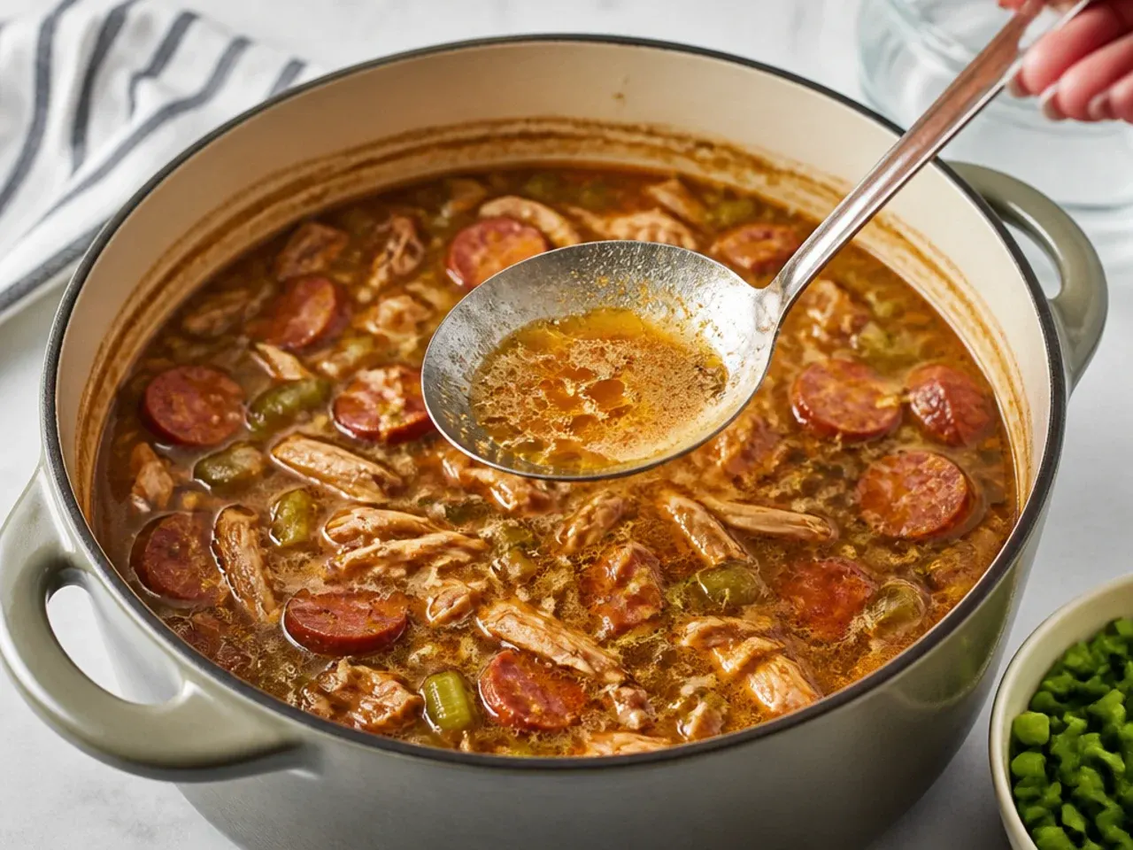Skimming fat from a simmering pot of homemade chicken and andouille gumbo